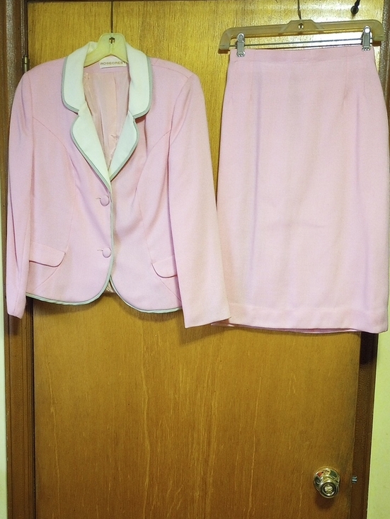 Rosecrest Dresses & Skirts - Rosecrest Vintage Pink Blazer & Skirt Set w/ Sage Green & Cream Trim, Size 12